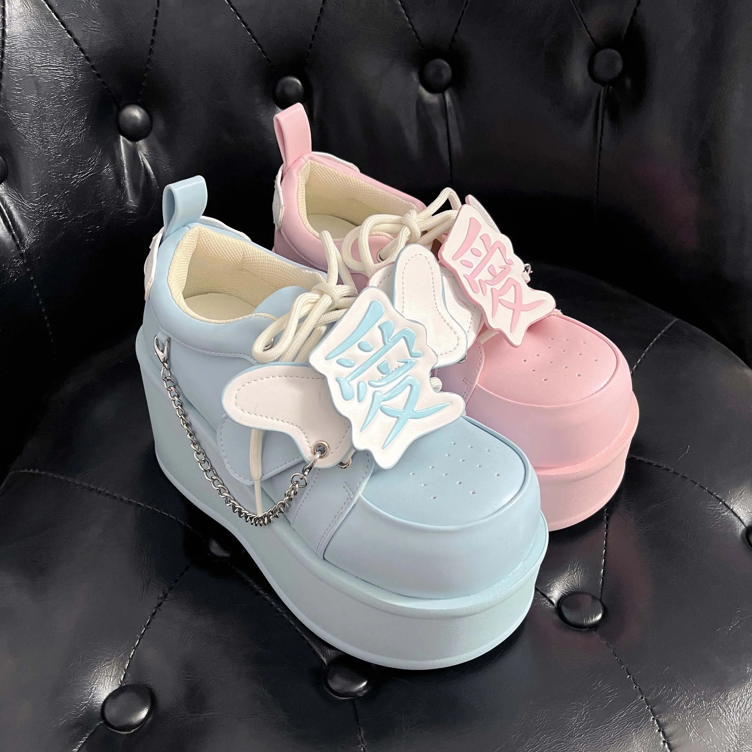 Sohiwoo Original Water Color System Pink Medical Department Sweet Cool Platform Shoes Girl Female Y2K Chunky Heel Leather Shoes Pumps