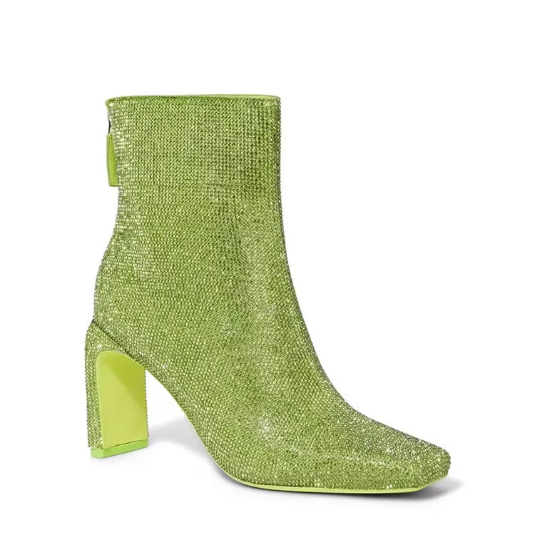 Sparkling Crystals Square Toe Ankle Boots