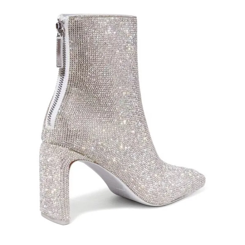 Sparkling Crystals Square Toe Ankle Boots