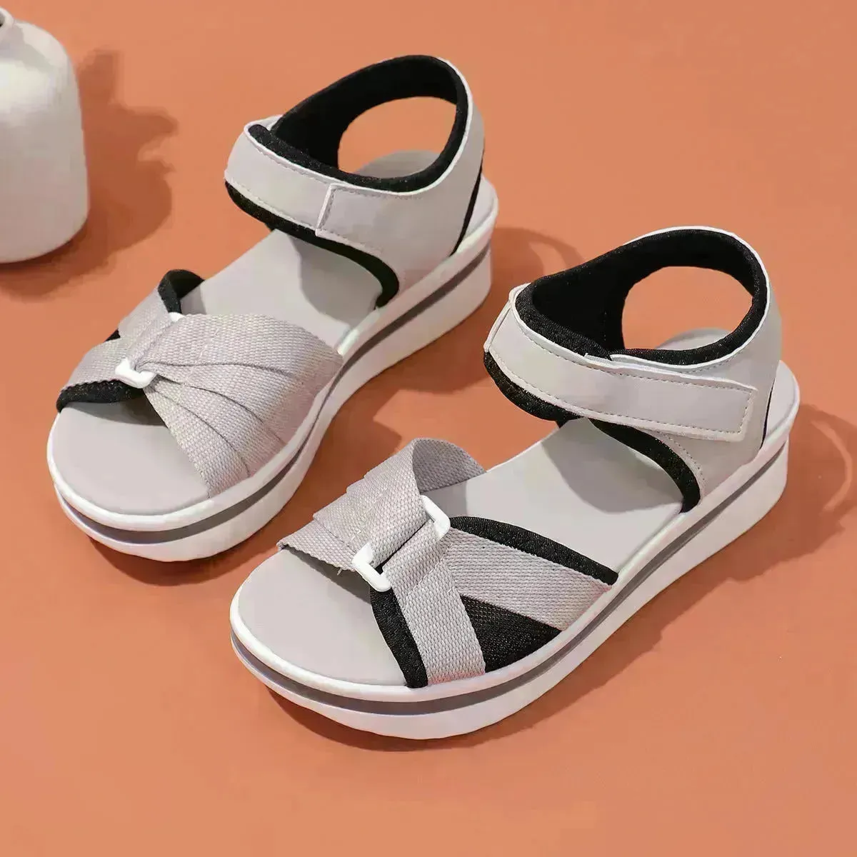 Summer Mesh Chunky Cross-strap Platform Sandals With Velcro-design Thick Sole Flats Beach Shoes Women