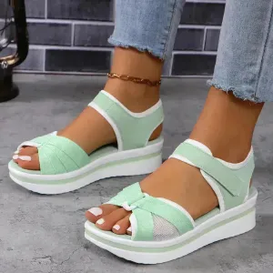 Summer Mesh Chunky Cross-strap Platform Sandals With Velcro-design Thick Sole Flats Beach Shoes Women