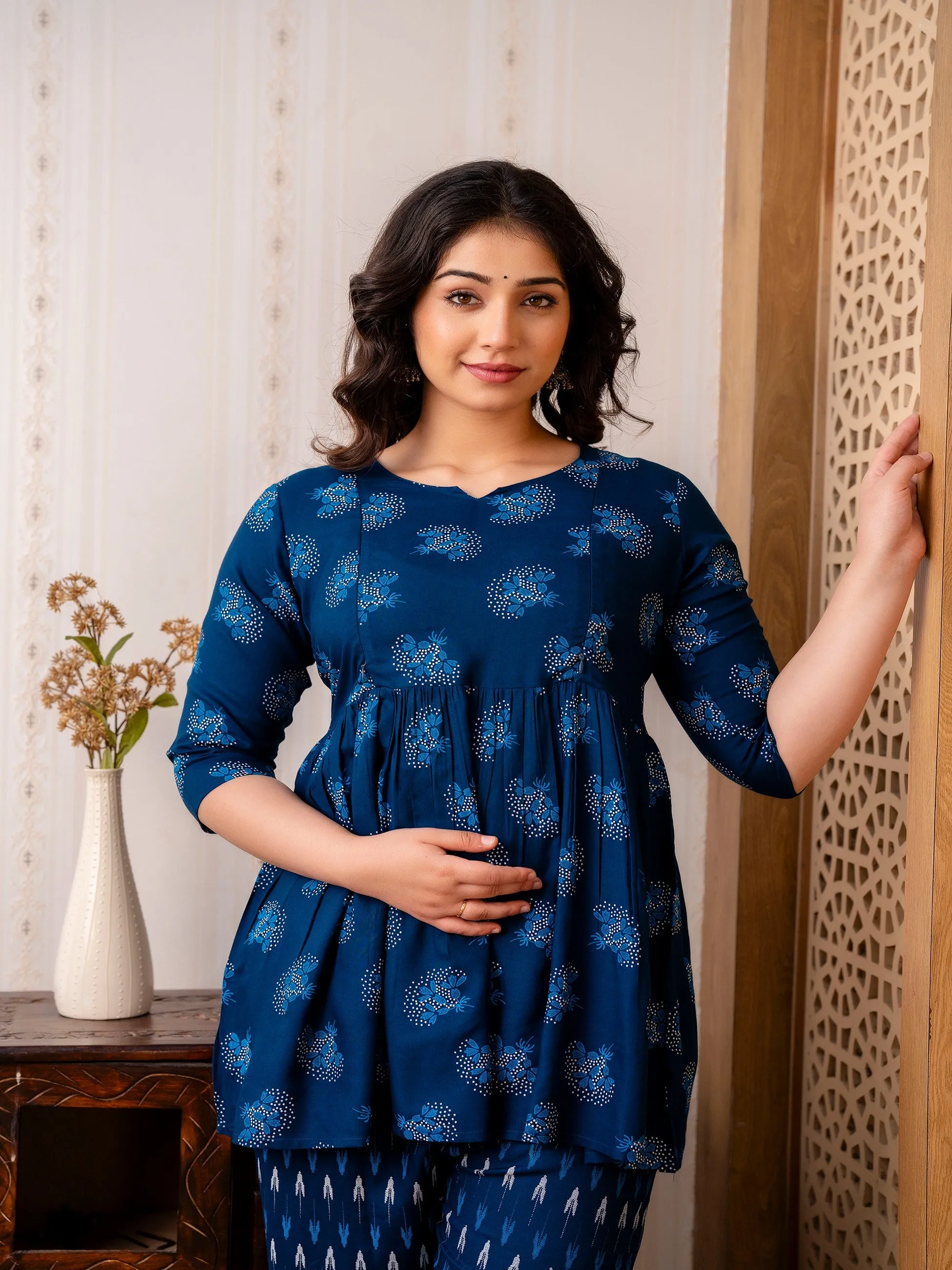 Teal Rayon Fit and Flared Maternity Kurta and Pant Set