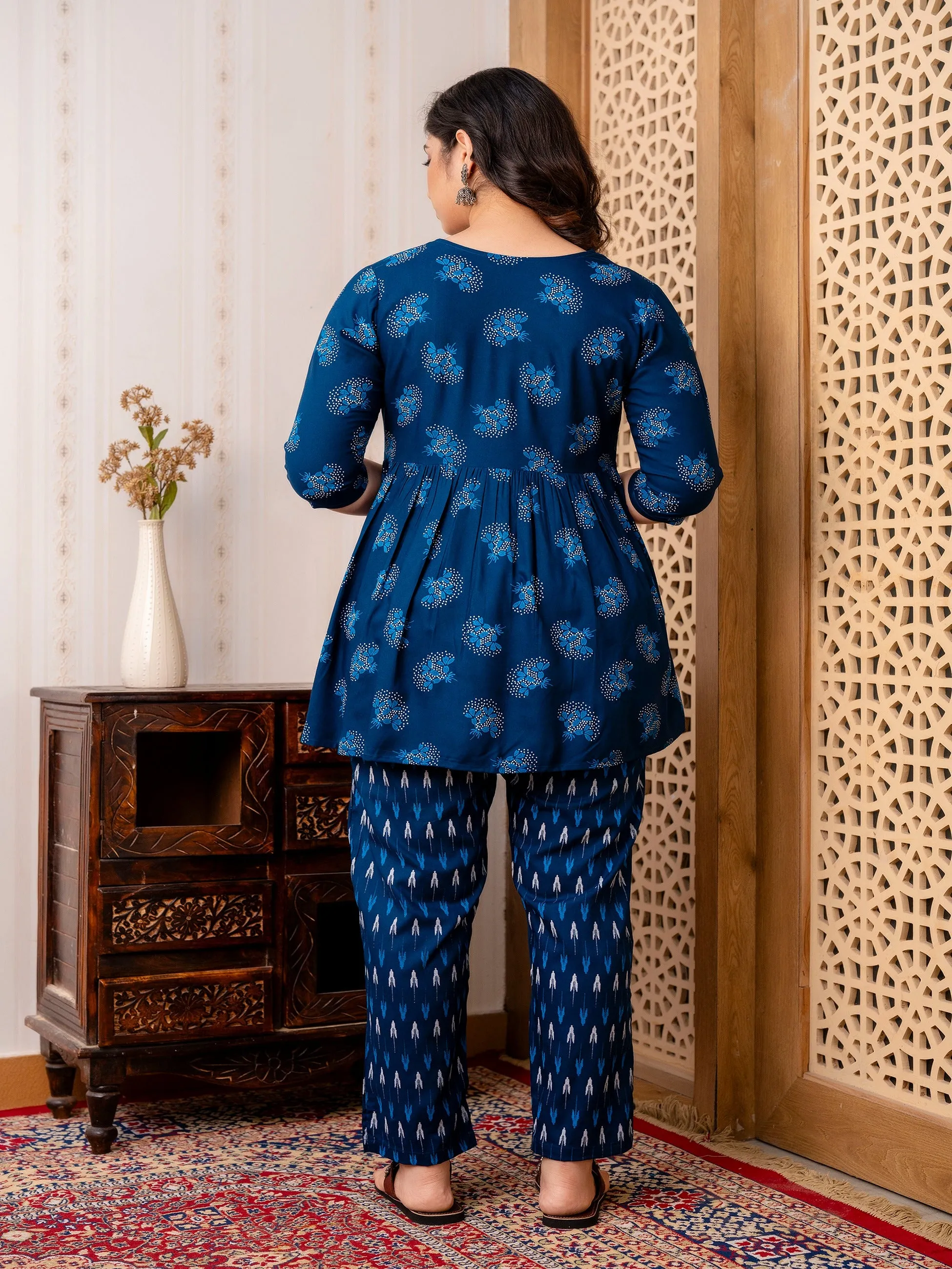 Teal Rayon Fit and Flared Maternity Kurta and Pant Set