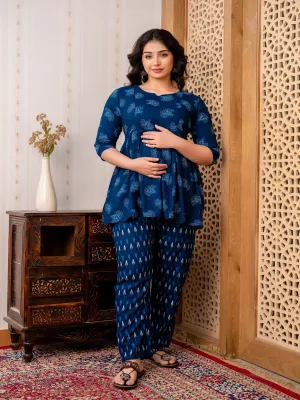 Teal Rayon Fit and Flared Maternity Kurta and Pant Set