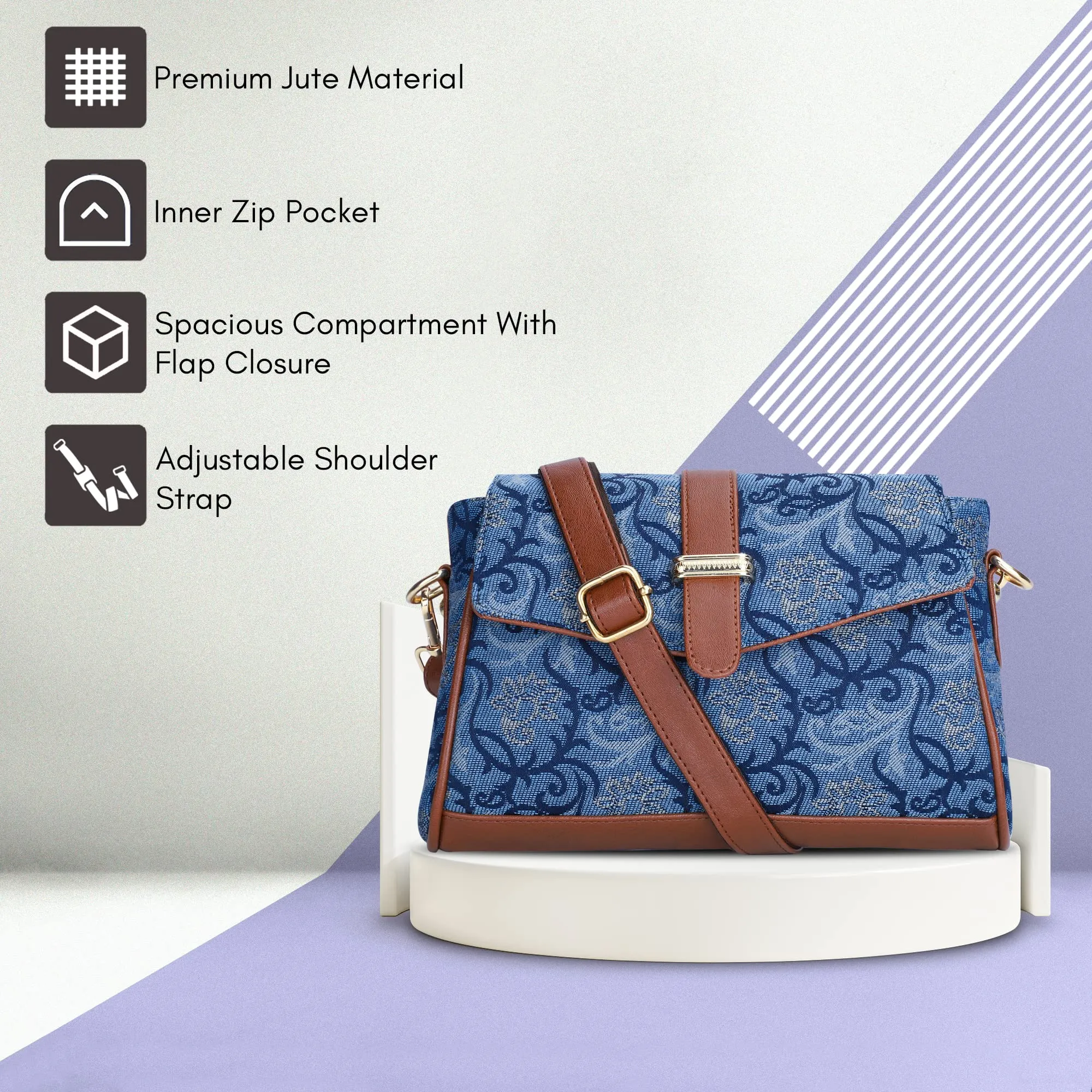 THE CLOWNFISH Odelina Series Printed Handicraft Fabric Handbag for Women Sling Bag Office Bag Ladies Shoulder Bag with Snap Flap Closure & Shoulder Belt Tote For Women (Steel Blue)