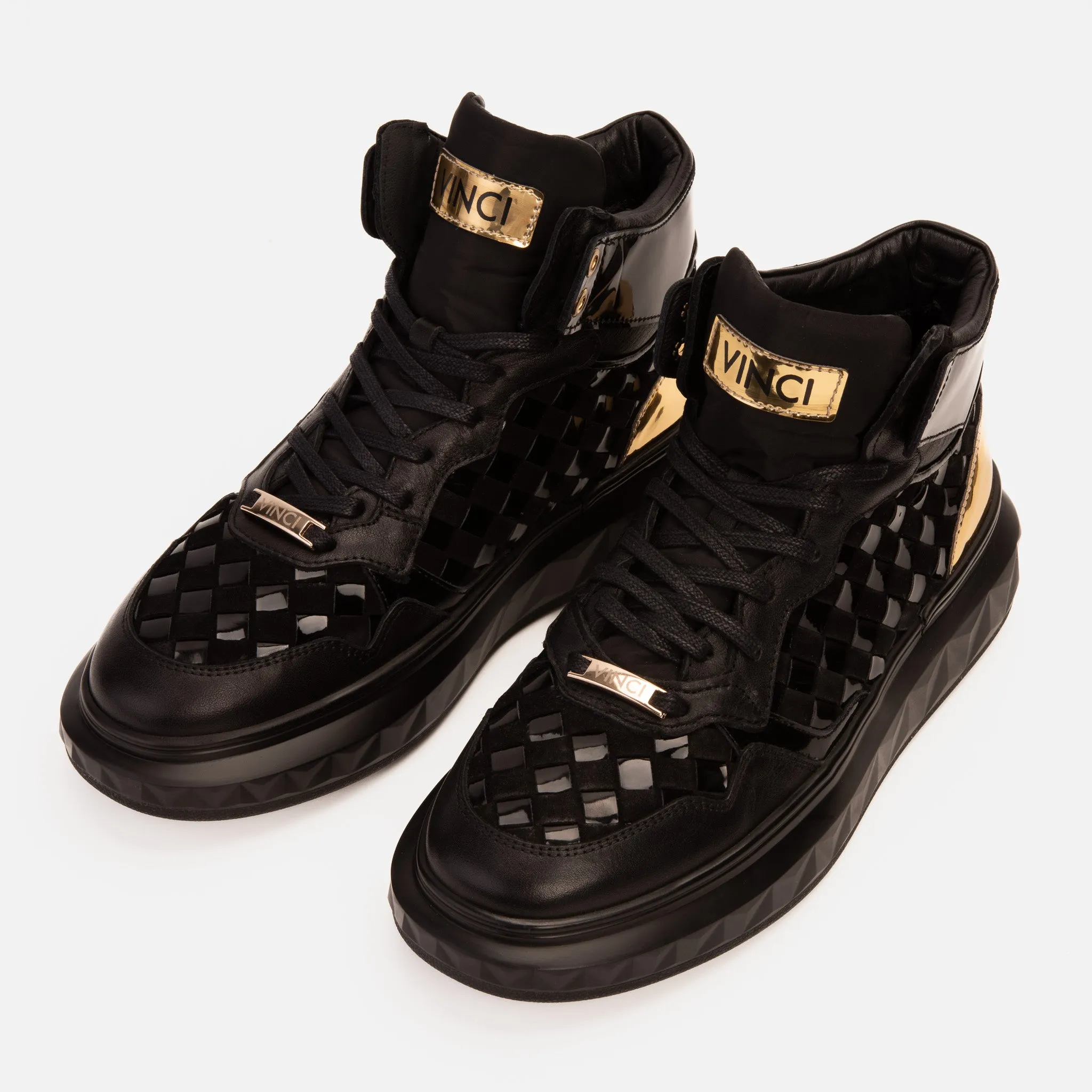 The Eugene Black & Gold Woven Leather High-Top Men Sneaker