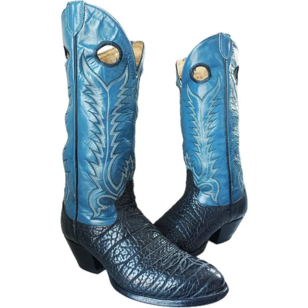 TONY LAMA Vintage Buckaroo Elephant Embossed Tall Black Blue Cowboy Boots