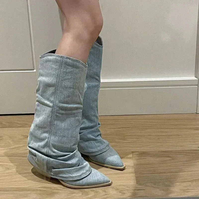 Trendy Pleated Denim Blue Thick Heeled Pointed Toe Western Boots