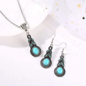 Turquoise Water Drop Shaped Bohemian Style Necklace and Earrings Set