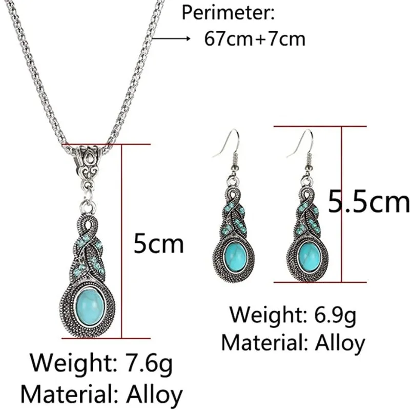 Turquoise Water Drop Shaped Bohemian Style Necklace and Earrings Set