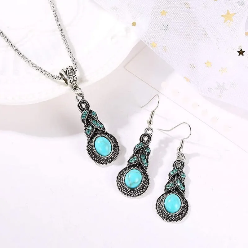 Turquoise Water Drop Shaped Bohemian Style Necklace and Earrings Set