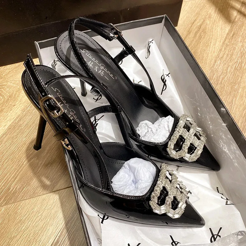 Uniwim 2024 New Pointed Black High Heels, Women's Thin Heels, Water Diamonds, One Line with Baotou Sandals and Button Single Shoes