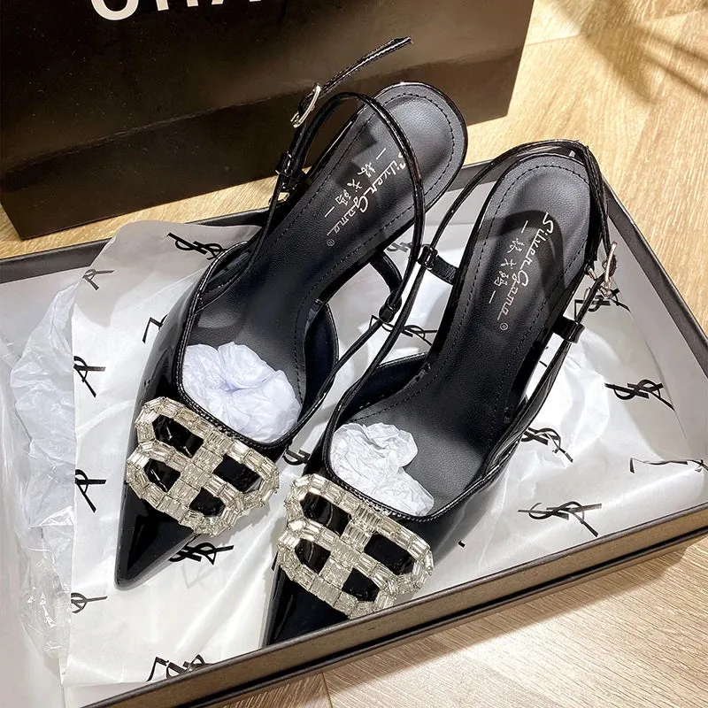 Uniwim 2024 New Pointed Black High Heels, Women's Thin Heels, Water Diamonds, One Line with Baotou Sandals and Button Single Shoes