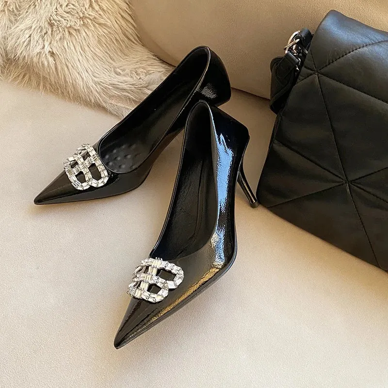 Uniwim 2024 New Pointed Black High Heels, Women's Thin Heels, Water Diamonds, One Line with Baotou Sandals and Button Single Shoes