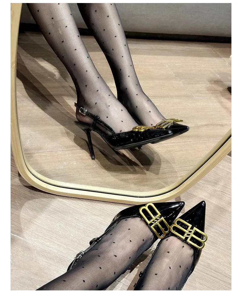 Uniwim 2024 New Pointed Black High Heels, Women's Thin Heels, Water Diamonds, One Line with Baotou Sandals and Button Single Shoes