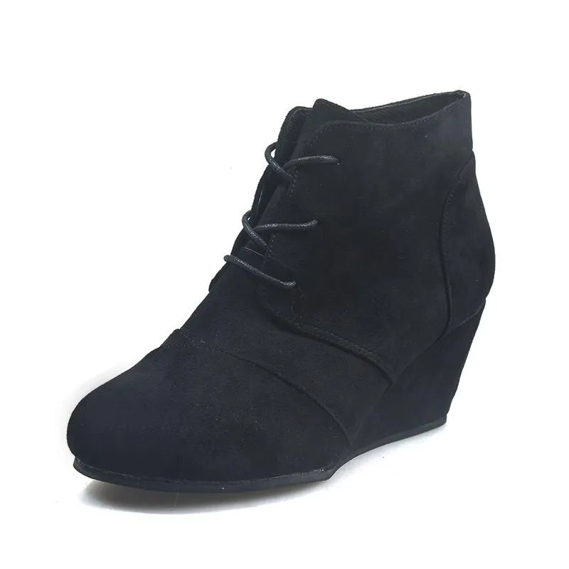 Women ankle short round toe lace up wedge boots