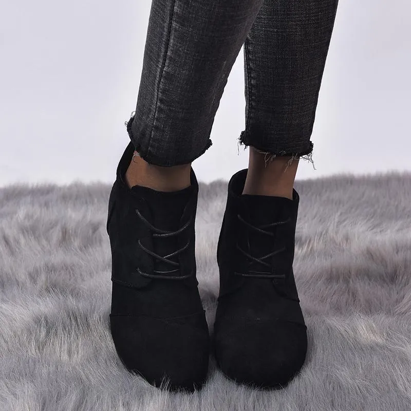 Women ankle short round toe lace up wedge boots