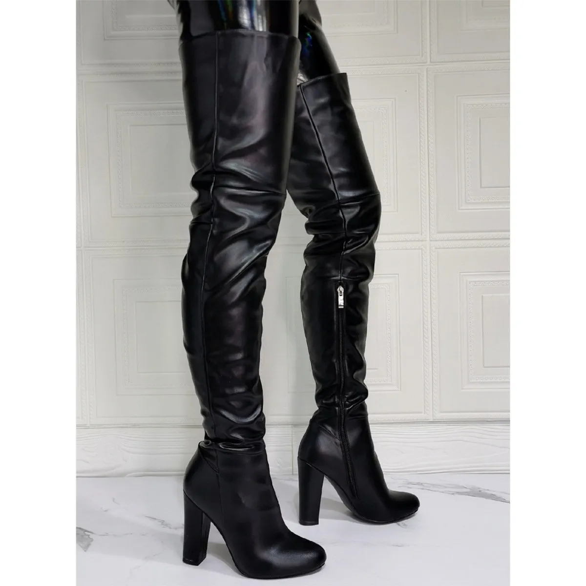 Women black over the knee chunky high heel boots