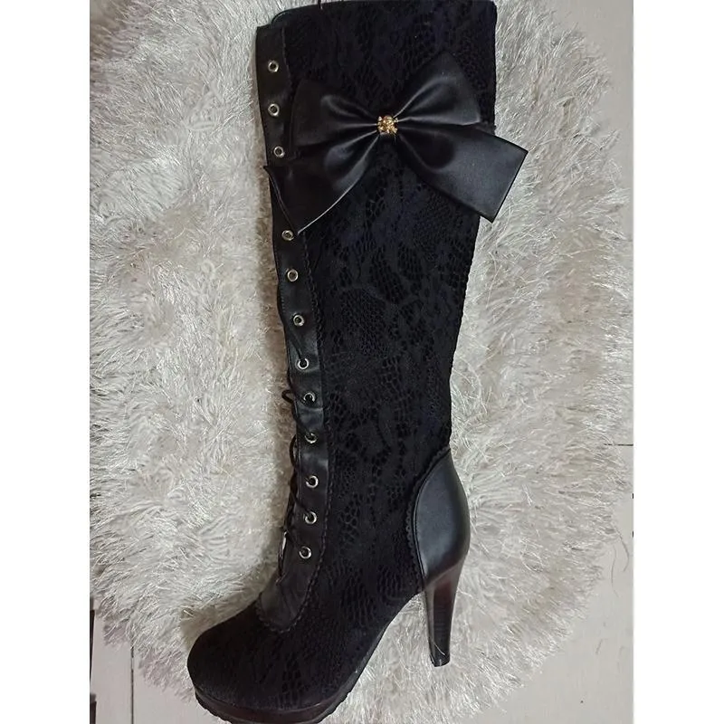 Women bowknot platform chunky heel lace up knee high black boots