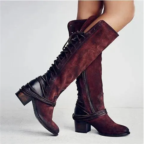 Women chunky heel back lace up knee high boots