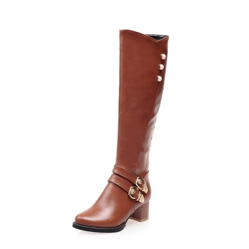 Women chunky heel buckle strap rhinestone knee high boots