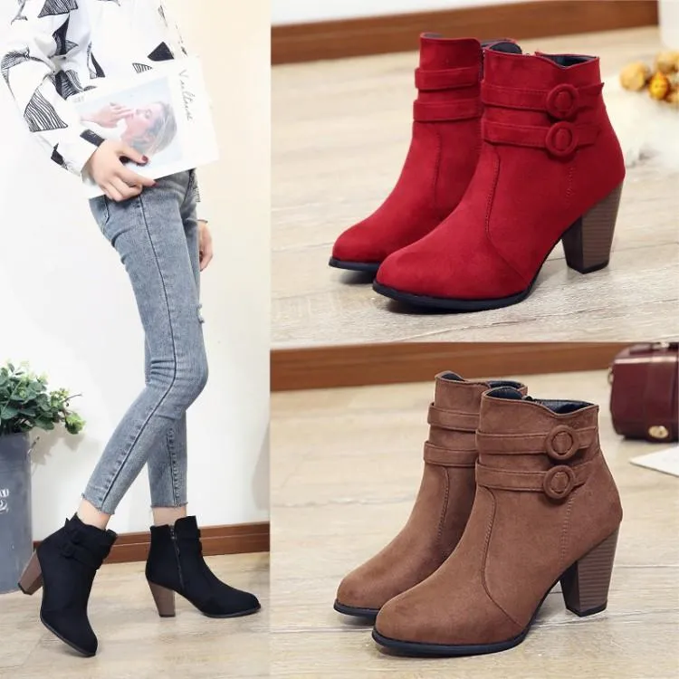 Women chunky stacked high heel buckle strap ankle boots