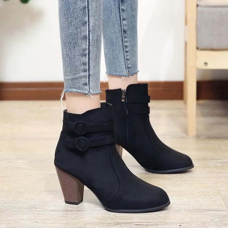 Women chunky stacked high heel buckle strap ankle boots