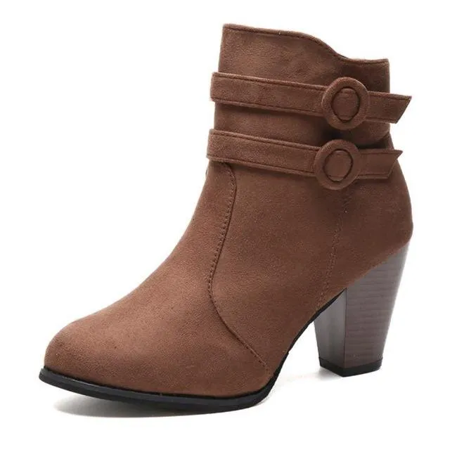 Women chunky stacked high heel buckle strap ankle boots