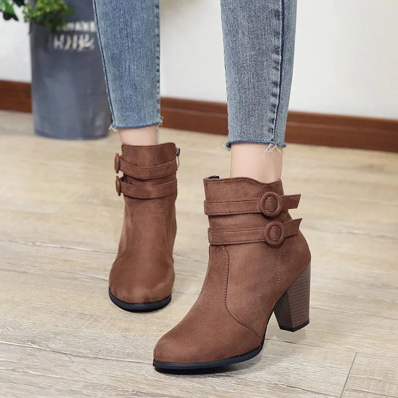 Women chunky stacked high heel buckle strap ankle boots