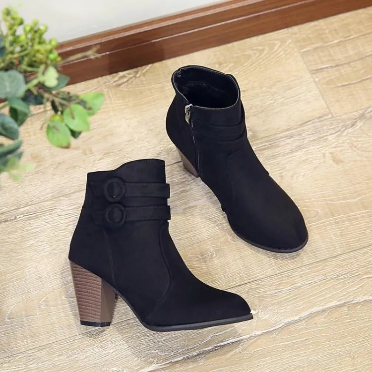 Women chunky stacked high heel buckle strap ankle boots