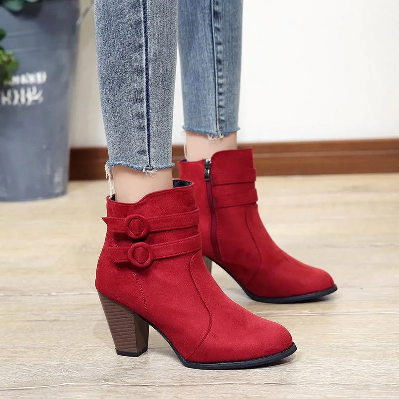 Women chunky stacked high heel buckle strap ankle boots