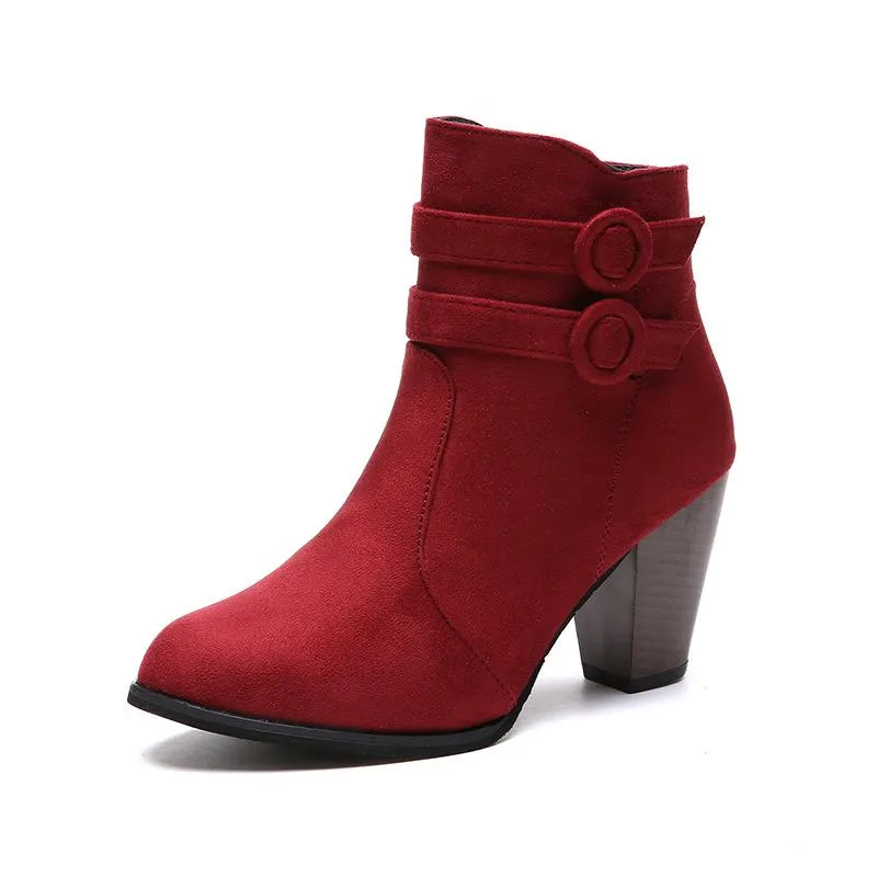 Women chunky stacked high heel buckle strap ankle boots