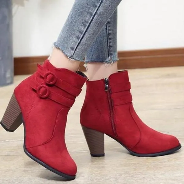 Women chunky stacked high heel buckle strap ankle boots