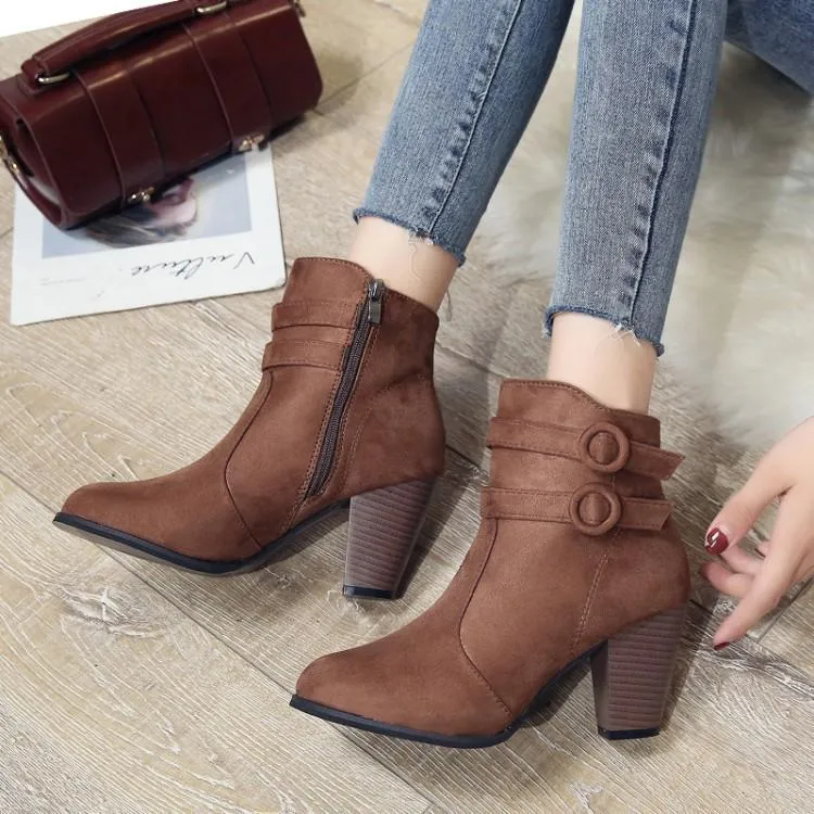 Women chunky stacked high heel buckle strap ankle boots