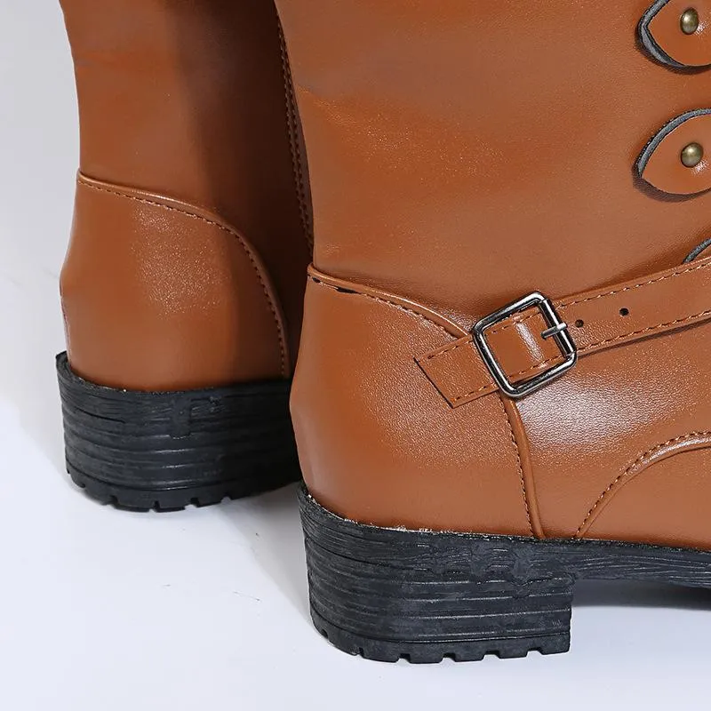 Women knee high chunky heel buckle strap lace up boots