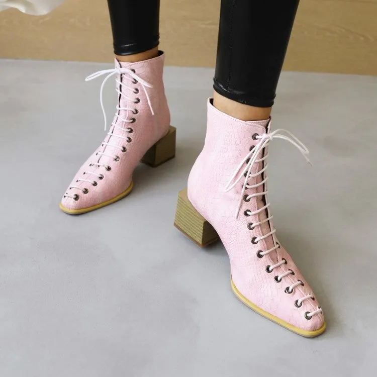 Women's Colorful Printed Lace Up Block Heel Short Boots