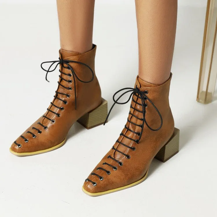 Women's Colorful Printed Lace Up Block Heel Short Boots