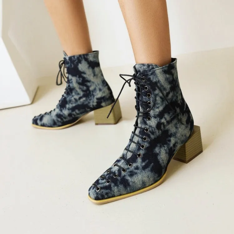 Women's Colorful Printed Lace Up Block Heel Short Boots