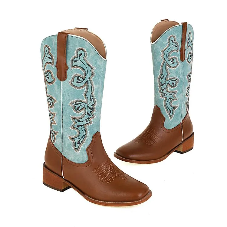 Women's Ethnic Pu Leather Embroidery Block Heel Mid Calf Boots