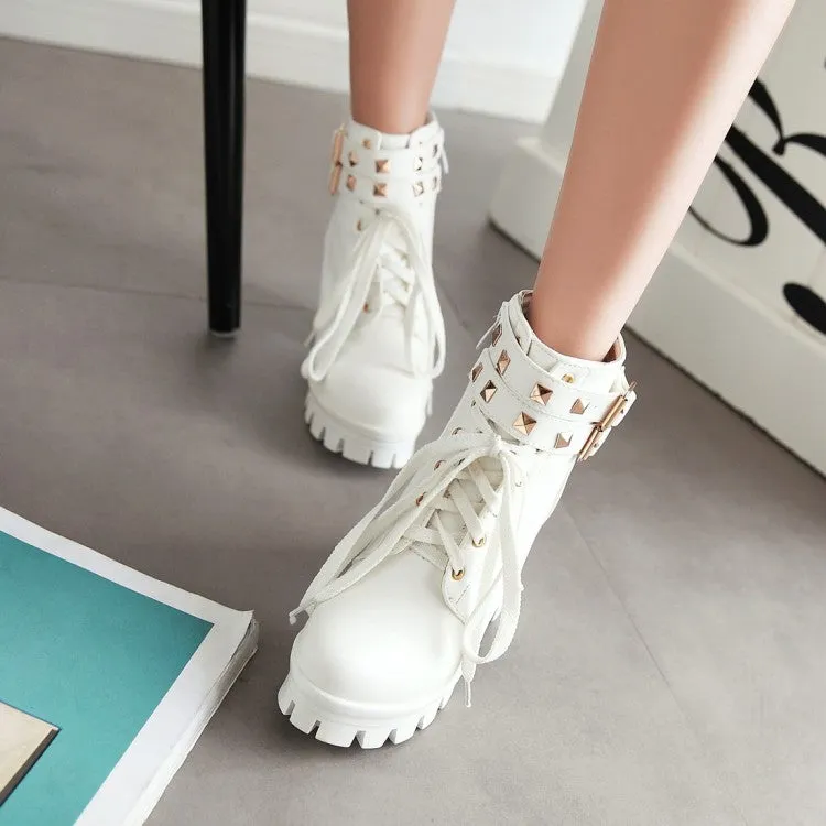 Women's Pu Leather Belts Buckles Lace Up Block Heel Platform Ankle Boots