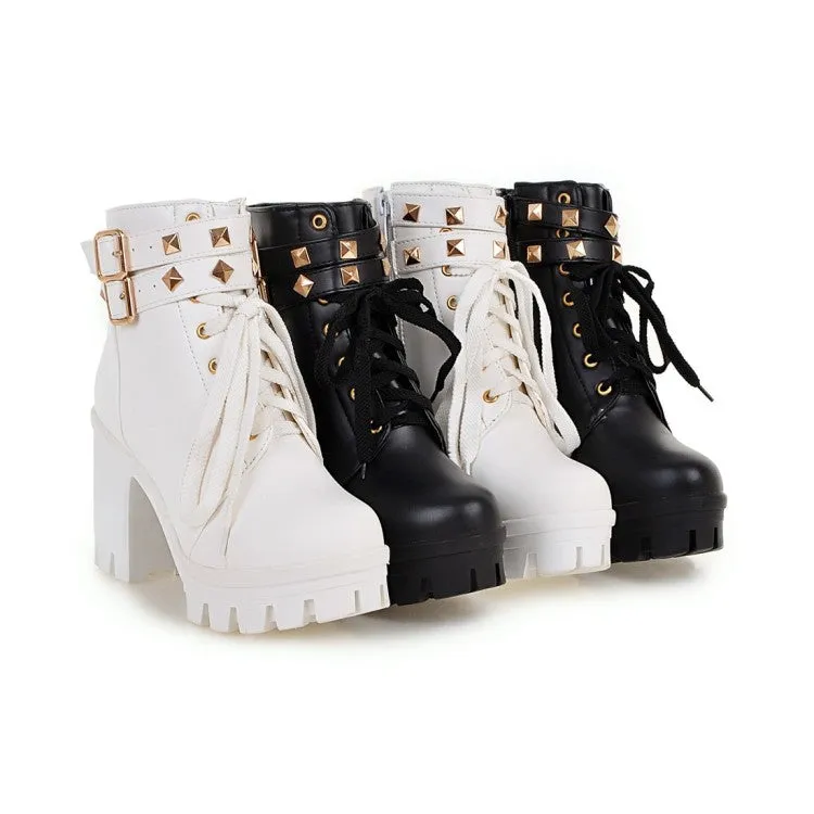 Women's Pu Leather Belts Buckles Lace Up Block Heel Platform Ankle Boots