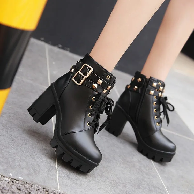 Women's Pu Leather Belts Buckles Lace Up Block Heel Platform Ankle Boots