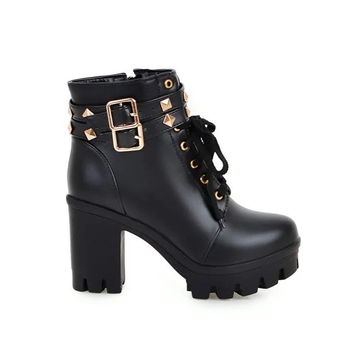 Women's Pu Leather Belts Buckles Lace Up Block Heel Platform Ankle Boots