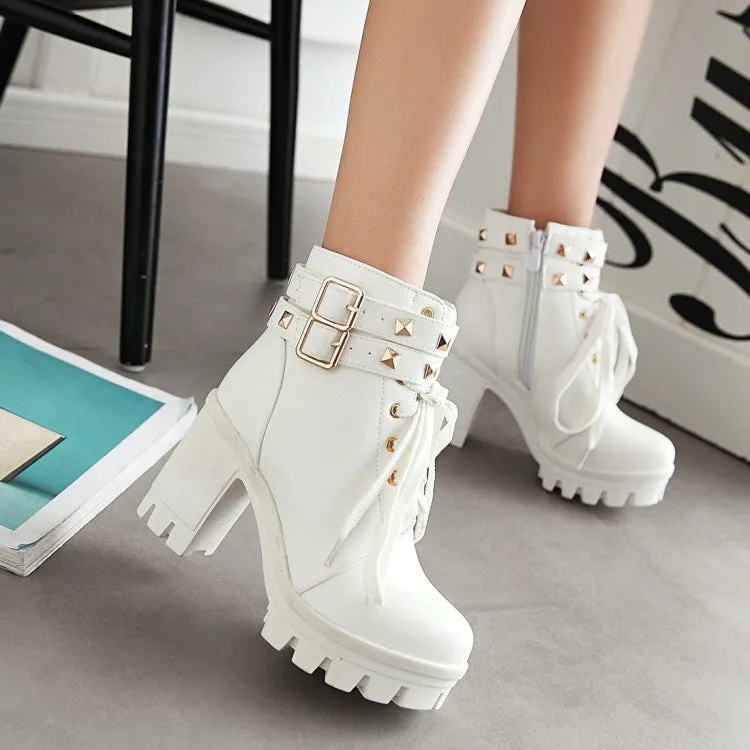 Women's Pu Leather Belts Buckles Lace Up Block Heel Platform Ankle Boots