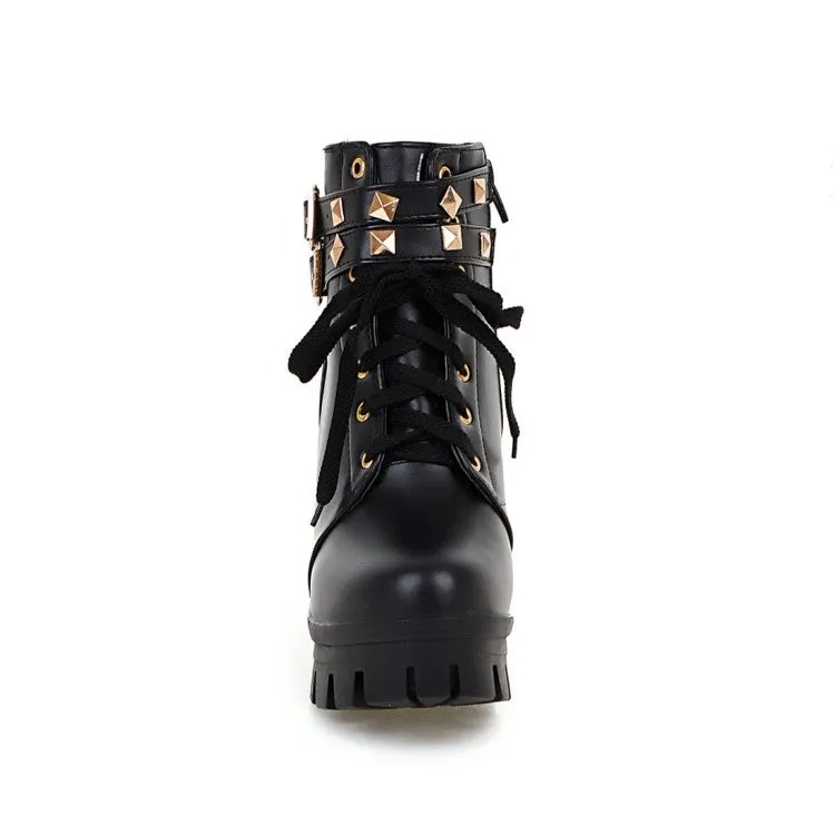 Women's Pu Leather Belts Buckles Lace Up Block Heel Platform Ankle Boots