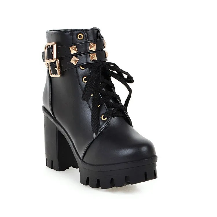 Women's Pu Leather Belts Buckles Lace Up Block Heel Platform Ankle Boots