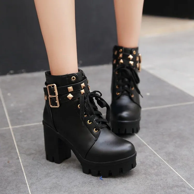 Women's Pu Leather Belts Buckles Lace Up Block Heel Platform Ankle Boots