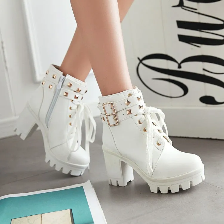 Women's Pu Leather Belts Buckles Lace Up Block Heel Platform Ankle Boots