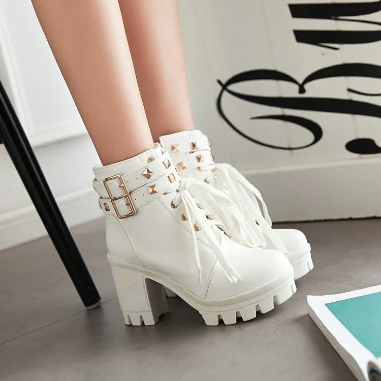 Women's Pu Leather Belts Buckles Lace Up Block Heel Platform Ankle Boots