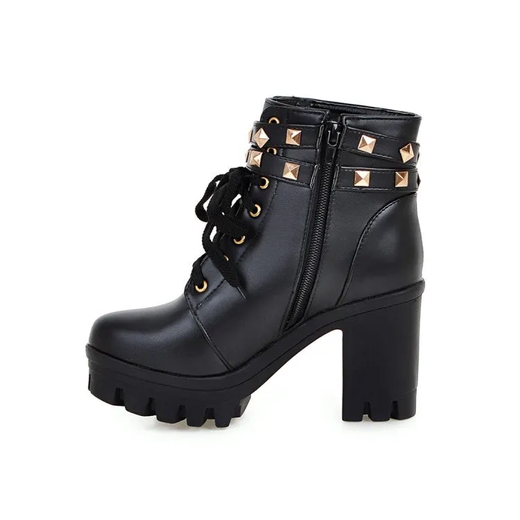 Women's Pu Leather Belts Buckles Lace Up Block Heel Platform Ankle Boots